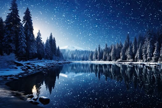 A Serene Winter Wonderland: A Snow-Covered Lake Reflecting Majestic Trees Under a Starry Night Sky