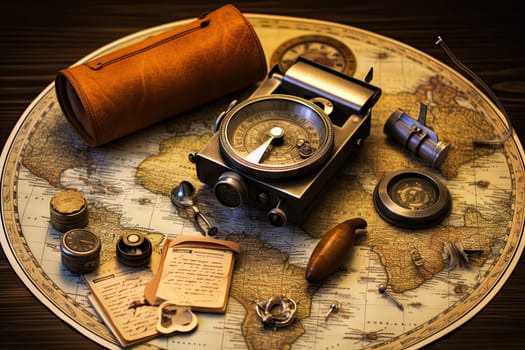 An Adventure Awaits: A Map with a Compass and Other Essential Exploration Tools