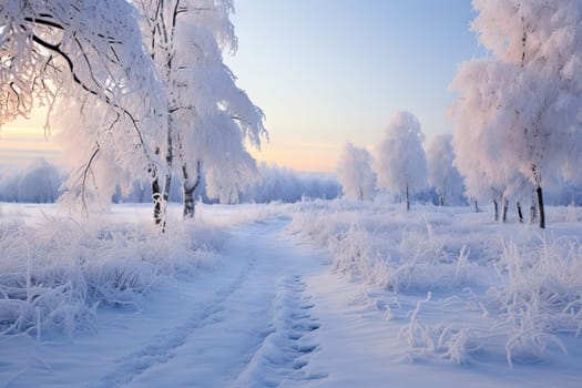 Winter Wonderland: A Serene Landscape of Snowy Fields, Majestic Trees, and Fresh Tracks in the Snow