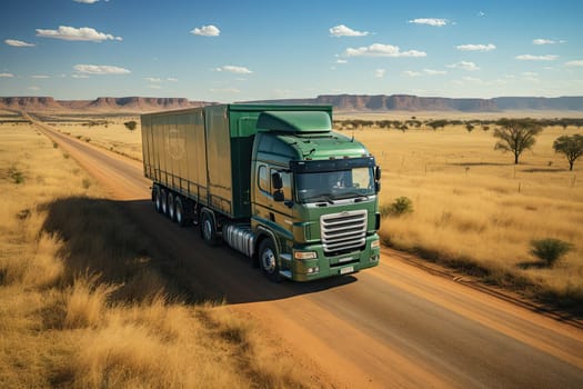 A Vibrant Green Semi Truck Driving Through a Scenic Dirt Road