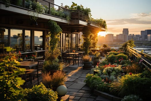 The Golden Glow: A Picturesque Sunset Over a Rooftop Restaurant