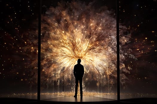 Awe-Inspiring Fireworks Lighting Up the Night Sky as a Man Stands in Wonder