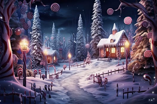 A Serene Winter Wonderland: A Painting of a Snowy Village Illuminated by Moonlight