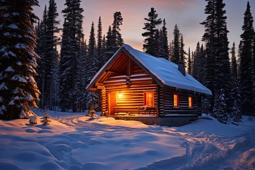 A Cozy Winter Retreat: Log Cabin Illuminated by Snowy Night