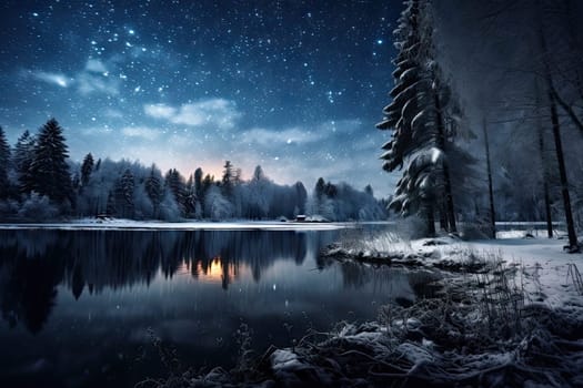 Winter Wonderland: Moonlit Snowy Trees Reflecting on Frozen Lake at Night