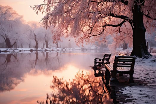 Park Serenity: A Tranquil Bench Overlooking a Snow-Covered Lake