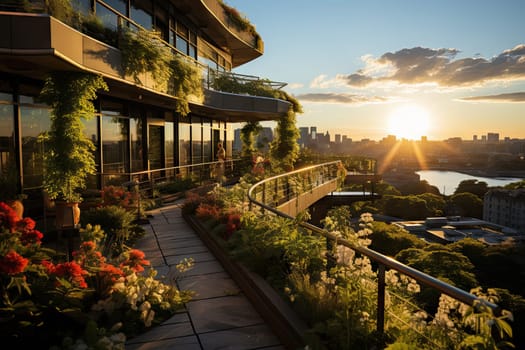 The Majestic Sunset Casting a Warm Glow on the Building with Beautiful Flowers in the Foreground