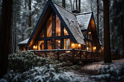 A Cozy Winter Retreat: A Cabin in the Woods Covered in Snow Created With Generative AI Technology