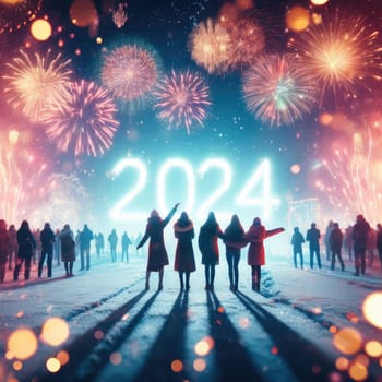 Greeting card Happy New Year 2024. Beautiful holiday web banner or billboard with Golden sparkling text Happy New Year 2024 written sparklers on festive blue background with fireworks