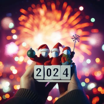 Greeting card Happy New Year 2024. Beautiful holiday web banner or billboard with Golden sparkling text Happy New Year 2024 written sparklers on festive blue background with fireworks