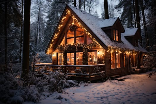 A Cozy Cabin in the Woods Illuminated by the Warm Glow of Christmas Lights Created With Generative AI Technology