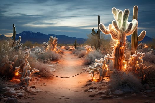 A Serene Winter Wonderland: A Snow-Covered Dirt Path Encircled by Majestic Cactus Trees