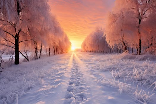 A Winter's Journey: Following the Snowy Path Towards the Setting Sun