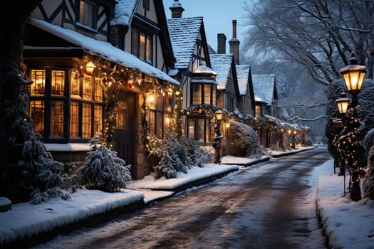 A Winter Wonderland: Festive Lights Illuminate Snowy Streets and Cozy Houses Created With Generative AI Technology