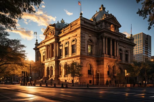 The Majestic Historic Building with a Proud Flag Standing Tall on Its Roof Created With Generative AI Technology