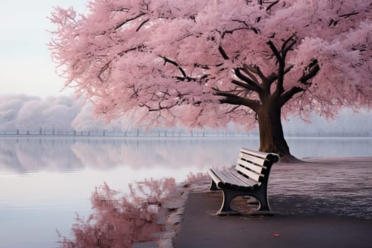 A Serene Retreat: A Tranquil Painting of a Tree and a Bench by the Water