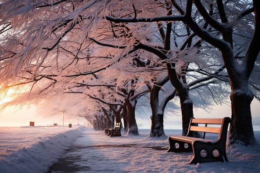 A Serene Winter Scene: A Snow-Covered Park Bench Surrounded by Tranquil Nature