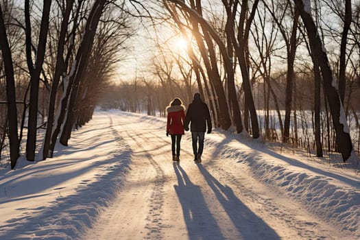 Winter Stroll: Two People Enjoying a Peaceful Walk on a Snowy Path Created With Generative AI Technology