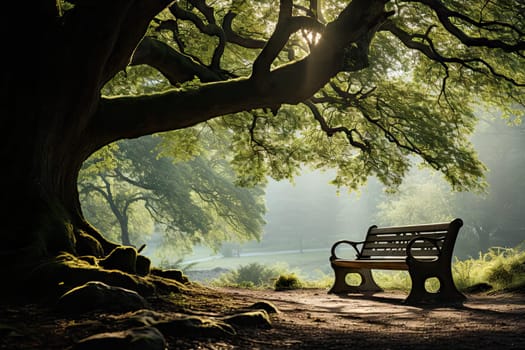 A Serene Spot: A Park Bench Beneath a Majestic, Shaded Canopy of a Large Tree