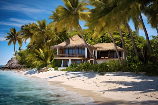 A Serene Beachfront Retreat: A House on the Beach Surrounded by Palm Trees Created With Generative AI Technology