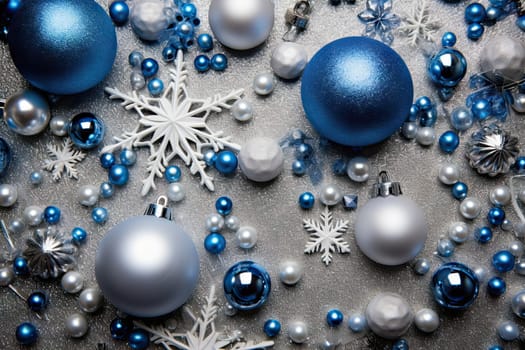 A Festive Blue Celebration with Shimmering Silver and Elegant White Ornaments