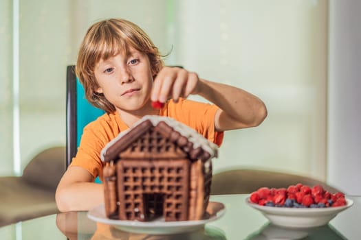 Immerse in festive delight as a boy crafts boy crafting an unconventional gingerbread house, infusing Christmas with unique creativity and festive cheer. A sweet scene of seasonal bonding and culinary fun.