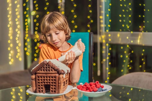 Immerse in festive delight as a boy crafts boy crafting an unconventional gingerbread house, infusing Christmas with unique creativity and festive cheer. A sweet scene of seasonal bonding and culinary fun.