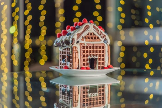 magic of an unusual gingerbread house amid festive Christmas lights. A whimsical scene capturing holiday enchantment and creative culinary delight.