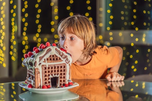 Immerse in festive delight as a boy crafts boy crafting an unconventional gingerbread house, infusing Christmas with unique creativity and festive cheer. A sweet scene of seasonal bonding and culinary fun.