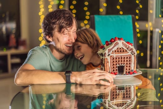 Savor unique moments as dad and son bite into an unconventional gingerbread house, adding a twist to Christmas traditions. A tasty blend of creativity and family joy.