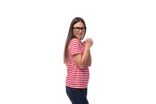 portrait of a charming young caucasian woman with straight hair wearing glasses and a striped t-shirt.