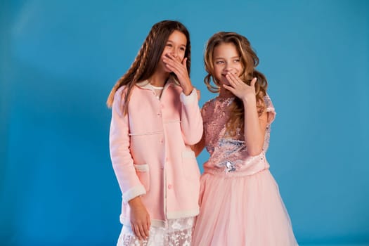 Portrait of two fashionable schoolgirl girls girlfriend in pink clothes on a blue background