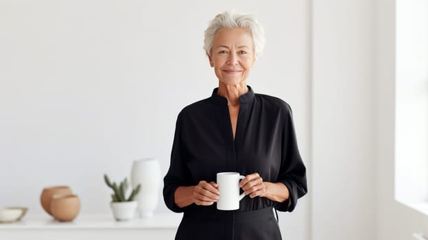 A person stands against a white wall, draped in a flowing robe, holding a delicate white mug while surrounded by vases, houseplants, and a flowerpot, exuding an air of effortless elegance and tranquility - Generative AI