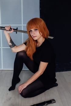 Girl anime with orange hair Japan cospley sword