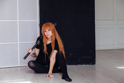 Girl anime with orange hair Japan cospley sword