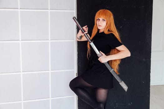 Girl anime with orange hair Japan cospley sword