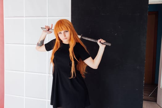 Girl anime with orange hair Japan cospley sword