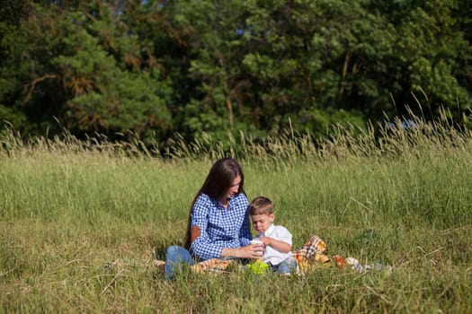 Mom and son eat on a picnic in the woods