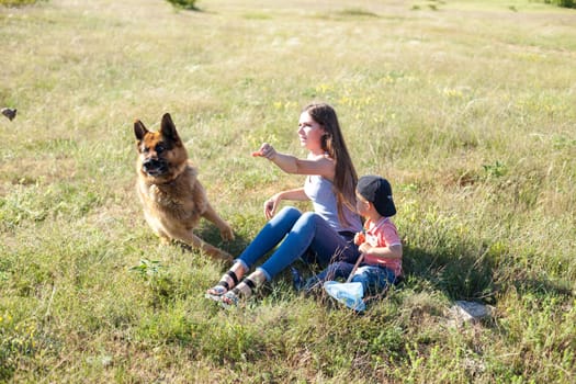 Mom and young son play with trained sheepdog