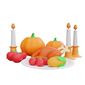 3D rendering of a festive Thanksgiving dinner table, complete with a roasted turkey, fresh pumpkins, and elegant candles