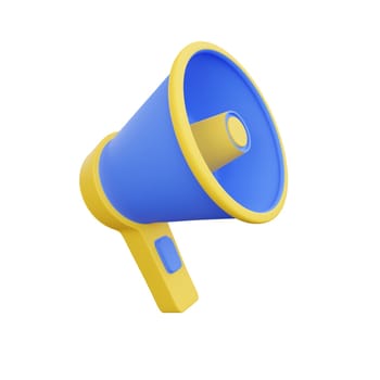 3D rendering of a vibrant blue and yellow megaphone, symbolizing communication and announcement