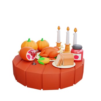 3D rendering of a Thanksgiving dinner table, featuring traditional dishes such as roast turkey, pumpkin,bread,glass wine and corn on the cob, along with candles and apple sauce