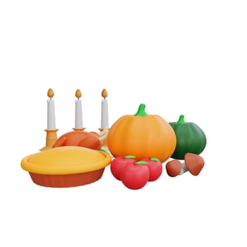 3D rendering of a Thanksgiving dinner, featuring roast turkey,pumpkins, apples, a pie and candles