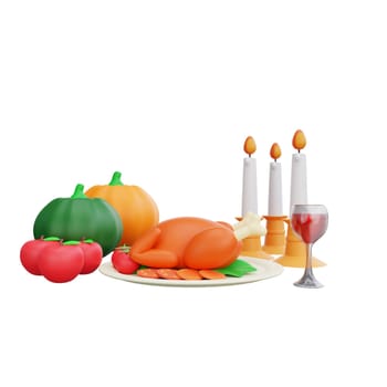 3D rendering of a Thanksgiving dinner, a roast turkey surrounded by vegetables, with candles and a wine glass on the side