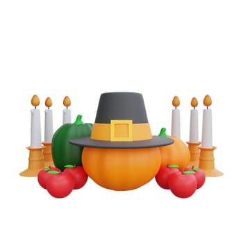 3D rendering of a festive Thanksgiving, centerpiece featuring a pumpkin with a pilgrim hat, surrounded by candles and apples