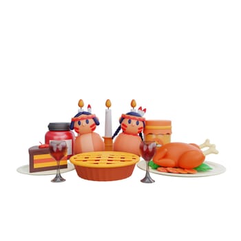 3D rendering of a festive Thanksgiving dinner, a variety of decorated cakes, a roasted turkey with vegetables, two Native American dolls, and wine glasses filled with red wine