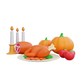 3D rendering of a festive Thanksgiving dinner, featuring a roast turkey with vegetables, fresh pumpkins, and glowing candles