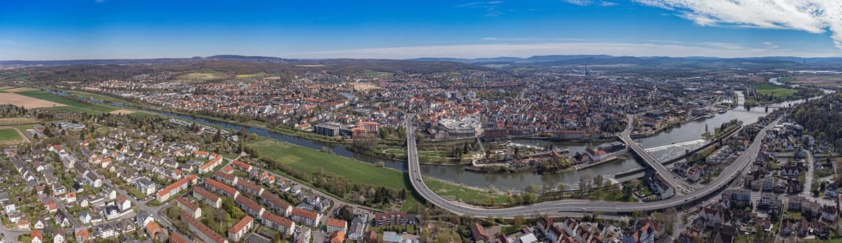 Aerial view of Hameln on a sunny spring day with a clear blue sky and a few clouds. Lower Saxony. Germany.
