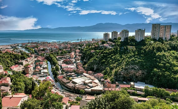 Panoramic view from Trsat castle over the town, Rjecina river and marine.