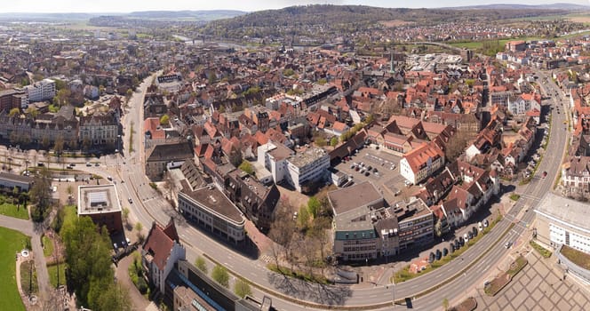 Aerial view of Hameln on a sunny spring day with a clear blue sky and a few clouds. Lower Saxony. Germany.